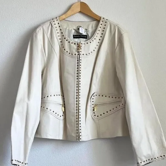 Pamela McCoy Vintage White Studded Leather Jacket - Picture 1 of 6